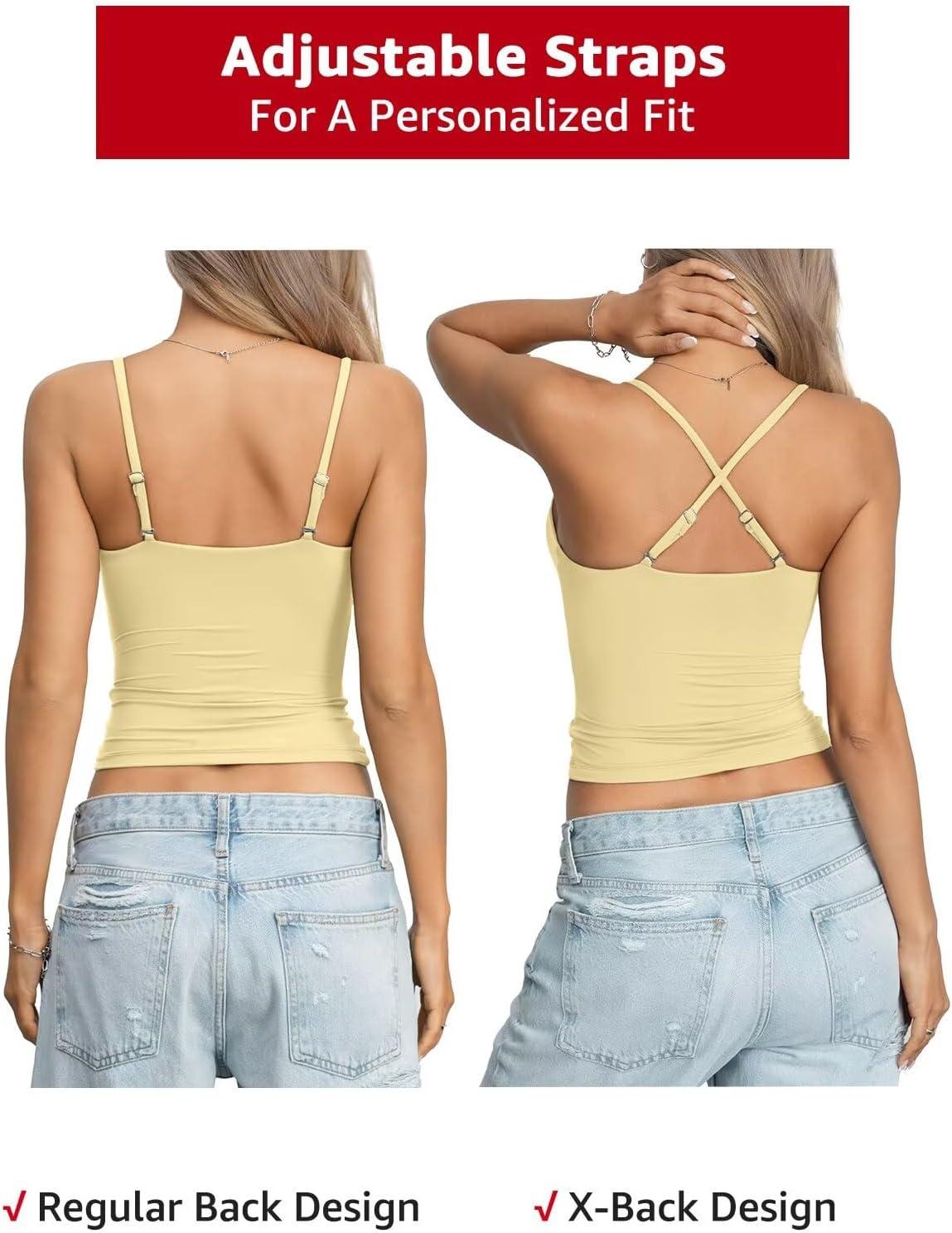 image:imageEasyGala Womens Double Lined Camisole Crop Tops Sexy V Neck Spaghetti Straps Tank Tops Fitted Y2K Summer Going Out ShirtYellow