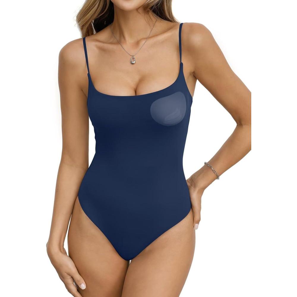 image:imageEasyGala Womens Double Lined Built in Bra Bodysuits Tank Tops Sexy Square Neck Camisole Summer Backless Thong Body SuitsNavy Blue
