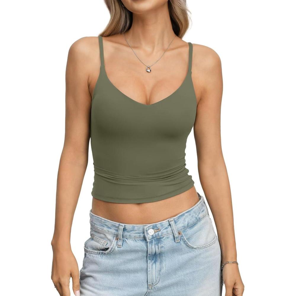 image:imageEasyGala Womens Double Lined Camisole Crop Tops Sexy V Neck Spaghetti Straps Tank Tops Fitted Y2K Summer Going Out ShirtArmy Green