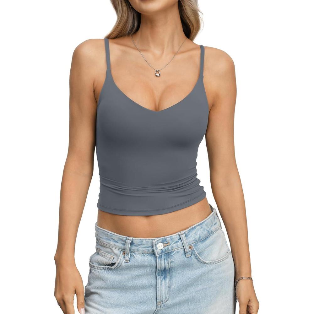 image:imageEasyGala Womens Double Lined Camisole Crop Tops Sexy V Neck Spaghetti Straps Tank Tops Fitted Y2K Summer Going Out ShirtGrey