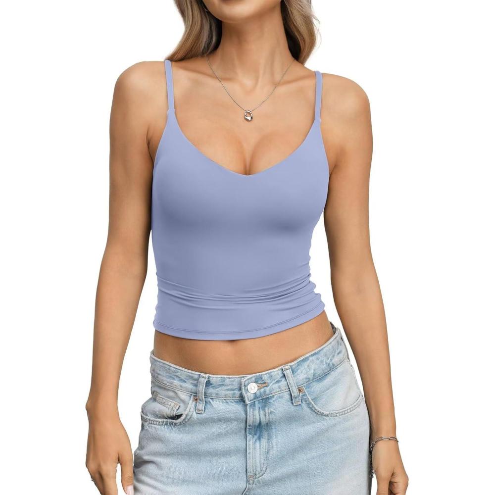 image:imageEasyGala Womens Double Lined Camisole Crop Tops Sexy V Neck Spaghetti Straps Tank Tops Fitted Y2K Summer Going Out ShirtLight Blue