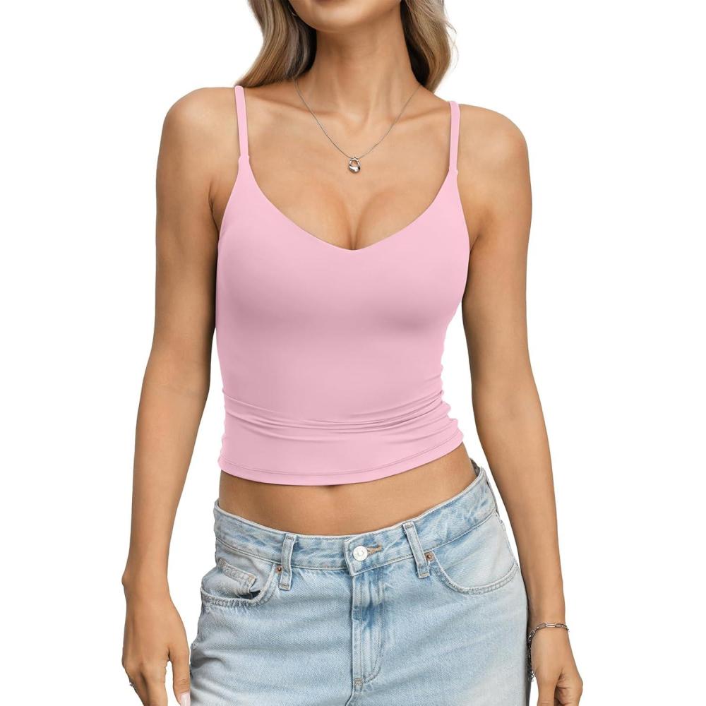 image:imageEasyGala Womens Double Lined Camisole Crop Tops Sexy V Neck Spaghetti Straps Tank Tops Fitted Y2K Summer Going Out ShirtPink
