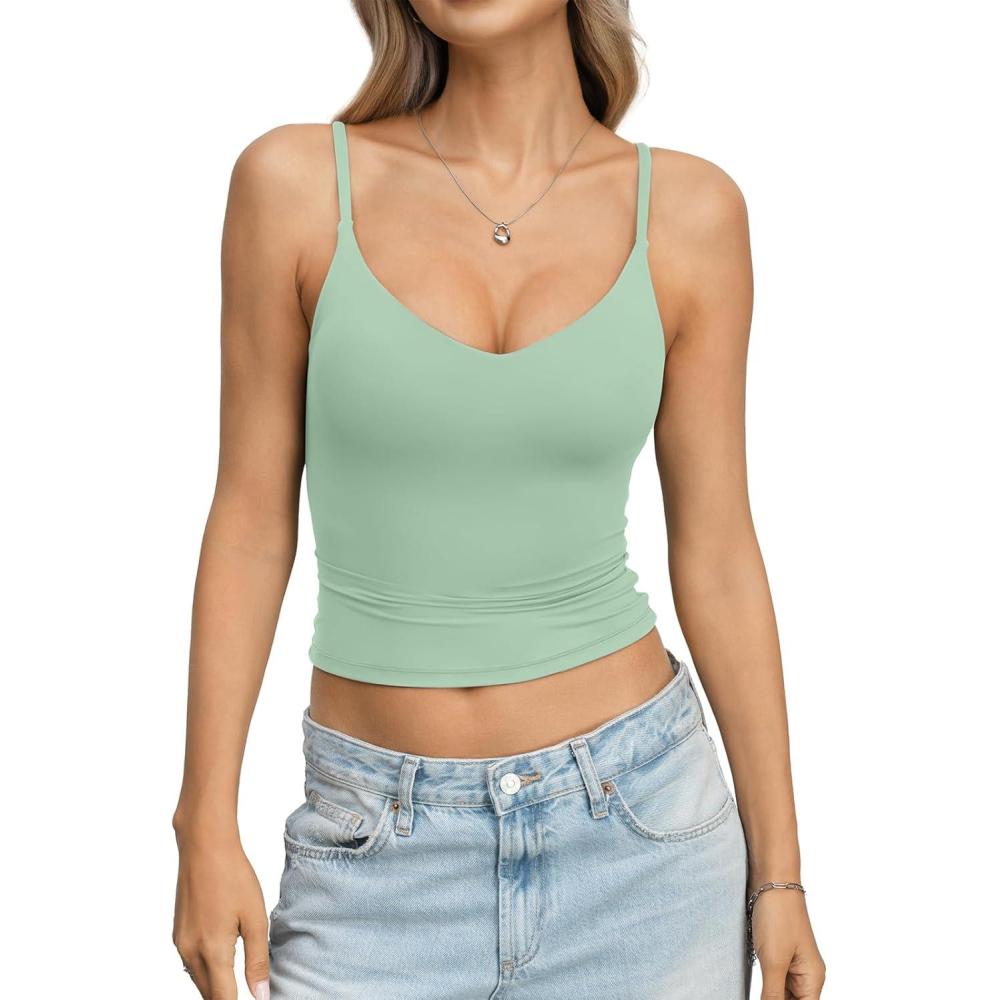 image:imageEasyGala Womens Double Lined Camisole Crop Tops Sexy V Neck Spaghetti Straps Tank Tops Fitted Y2K Summer Going Out ShirtSmoke Green