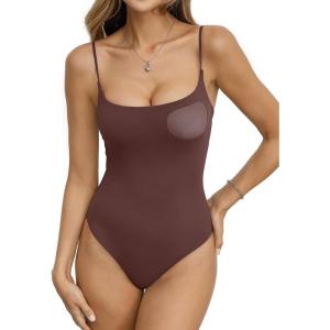 EasyGala Womens Double Lined Built in Bra Bodysuits Tank Tops Sexy Square Neck Camisole Summer Backless Thong Body Suits(Brown)