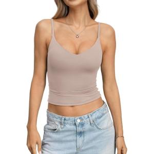 EasyGala Womens Double Lined Camisole Crop Tops Sexy V Neck Spaghetti Straps Tank Tops Fitted Y2K Summer Going Out Shirt(Apricot)