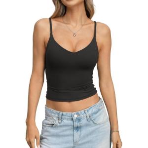 EasyGala Womens Double Lined Camisole Crop Tops Sexy V Neck Spaghetti Straps Tank Tops Fitted Y2K Summer Going Out Shirt(Black)
