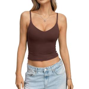 EasyGala Womens Double Lined Camisole Crop Tops Sexy V Neck Spaghetti Straps Tank Tops Fitted Y2K Summer Going Out Shirt(Brown)