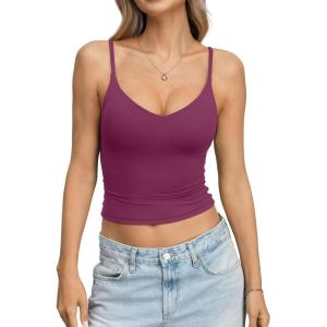 EasyGala Womens Double Lined Camisole Crop Tops Sexy V Neck Spaghetti Straps Tank Tops Fitted Y2K Summer Going Out Shirt(Dark Magenta)
