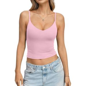 EasyGala Womens Double Lined Camisole Crop Tops Sexy V Neck Spaghetti Straps Tank Tops Fitted Y2K Summer Going Out Shirt(Pink)