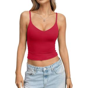 EasyGala Womens Double Lined Camisole Crop Tops Sexy V Neck Spaghetti Straps Tank Tops Fitted Y2K Summer Going Out Shirt(Red)