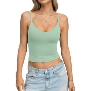 EasyGala Womens Double Lined Camisole Crop Tops Sexy V Neck Spaghetti Straps Tank Tops Fitted Y2K Summer Going Out Shirt(Smoke Green)