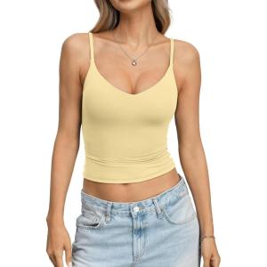 EasyGala Womens Double Lined Camisole Crop Tops Sexy V Neck Spaghetti Straps Tank Tops Fitted Y2K Summer Going Out Shirt(Yellow)